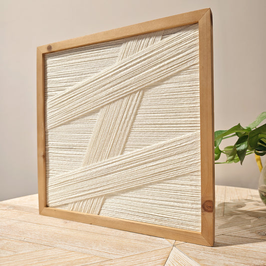 Modern Minimalist Cotton Thread Wall Art, Wooden Frame, Abstract Design, White and Natural, 11.8 x 11.8 inches