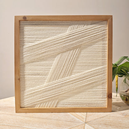 Modern Minimalist Cotton Thread Wall Art, Wooden Frame, Abstract Design, White and Natural, 11.8 x 11.8 inches
