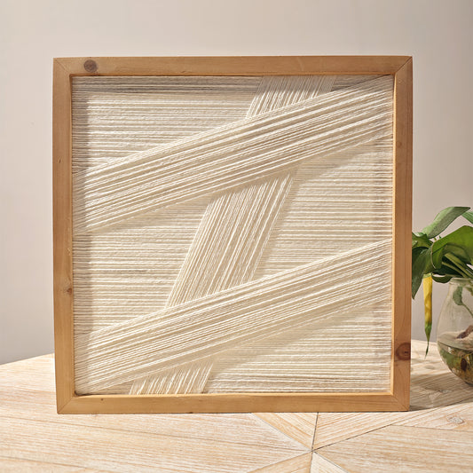 Modern Minimalist Cotton Thread Wall Art, Wooden Frame, Abstract Design, White and Natural, 11.8 x 11.8 inches