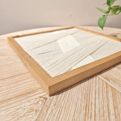 Modern Minimalist Cotton Thread Wall Art, Wooden Frame, Abstract Design, White and Natural, 11.8 x 11.8 inches