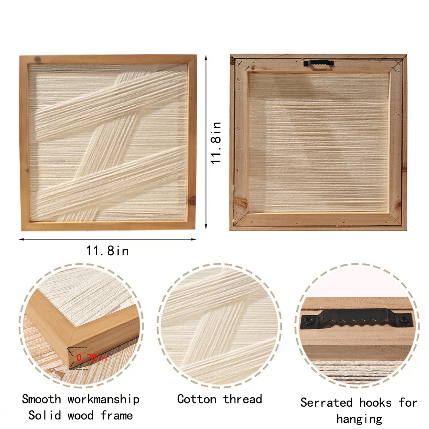 Modern Minimalist Cotton Thread Wall Art, Wooden Frame, Abstract Design, White and Natural, 11.8 x 11.8 inches