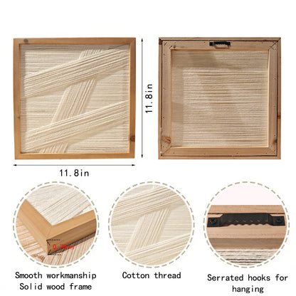 Modern Minimalist Cotton Thread Wall Art, Wooden Frame, Abstract Design, White and Natural, 11.8 x 11.8 inches